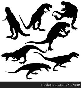 Prehistoric predator Tyrannosaurus rex dinosaur in different poses black silhouettes isolated illustration.