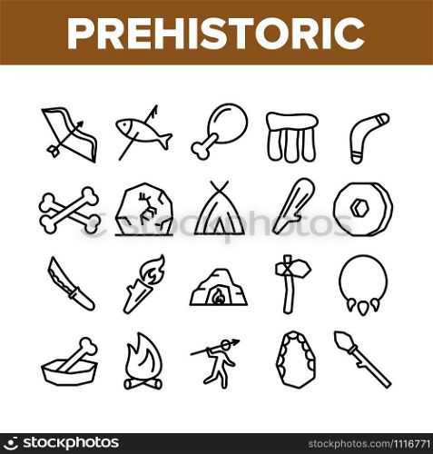 Prehistoric Primitive Collection Icons Set Vector Thin Line. Bone In Bowl And Chicken Leg, Burning Campfire And Cave, Prehistoric Bludgeon Concept Linear Pictograms. Monochrome Contour Illustrations. Prehistoric Primitive Collection Icons Set Vector