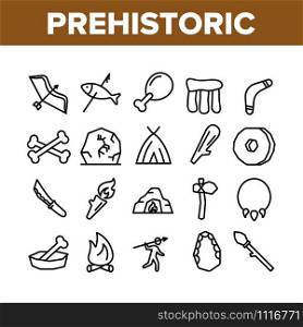 Prehistoric Primitive Collection Icons Set Vector Thin Line. Bone In Bowl And Chicken Leg, Burning Campfire And Cave, Prehistoric Bludgeon Concept Linear Pictograms. Monochrome Contour Illustrations. Prehistoric Primitive Collection Icons Set Vector