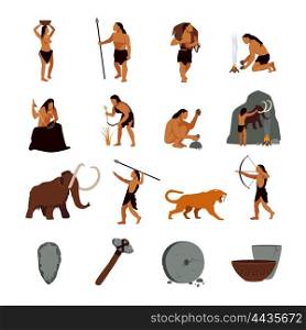 Prehistoric Stone Age Caveman Icons. Prehistoric stone age icons set presenting life of cavemen and their primitive tools flat isolated vector illustration