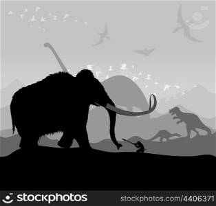 Prehistoric time. Hunting of animals during prehistoric times. A vector illustration