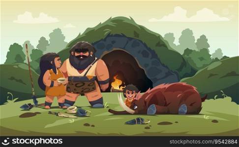 Prehistoric tribe. Cartoon primitive man and woman characters with bones and tools, prehistoric evolution flat characters lifestyle, hunting and routine. Vector illustration. Ancient family cavemen. Prehistoric tribe. Cartoon primitive man and woman characters with bones and tools, prehistoric evolution flat characters lifestyle, hunting and routine. Vector illustration