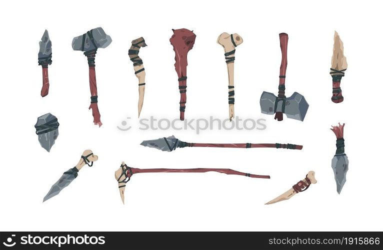 Prehistoric weapon. Cartoon fantasy game ancient fight inventory. Primitive caveman axe and bow. Hunting knife. Spear with bone or rock tip. Barbarian wooden baton. Vector stone age primeval tools set. Prehistoric weapon. Cartoon fantasy game ancient fight inventory. Primitive axe and bow. Hunting knife. Spear with bone or rock tip. Barbarian wooden baton. Vector stone age tools set