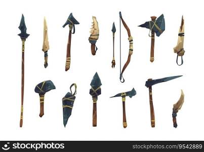 Prehistoric weapon. Cartoon primitive caveman wooden tools, prehistoric age traditional hunting weapon set, ancient hand axe spear and torch. Vector collection. Tribal hammer, knife inventory. Prehistoric weapon. Cartoon primitive caveman wooden tools, prehistoric age traditional hunting weapon set, ancient hand axe spear and torch. Vector collection