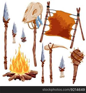 Prehistoric weapons. Set of caveman tools. Primitive spear and stone axe. Bonefire and Leather. Equipment for hunting. Archaeological and barbaric weapon.
