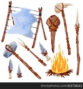 Prehistoric weapons. Set of caveman tools. Primitive spear and stone axe. Bonefire and Leather. Equipment for hunting. Archaeological and barbaric weapon.. Prehistoric weapons. Set of caveman tools.