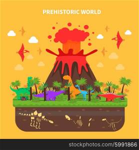 Prehistoric world concept with dinosaurs and volcano eruption vector illustration. Dinosaurs Concept Illustration