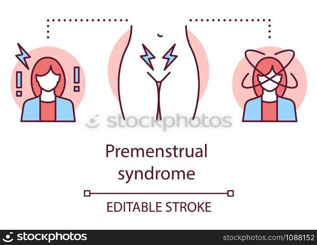 Premenstrual syndrome concept icon. Menstrual cycle idea thin line illustration. Pms, pain, women healthcare. Female reproductive system. Vector isolated outline drawing. Editable stroke