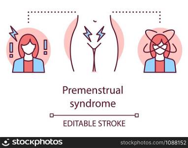 Premenstrual syndrome concept icon. Menstrual cycle idea thin line illustration. Pms, pain, women healthcare. Female reproductive system. Vector isolated outline drawing. Editable stroke