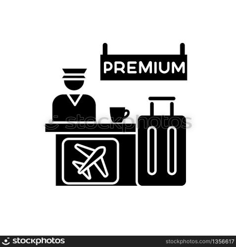 Premium airplane reservation flat design long shadow glyph icon. Luxury lounge area for comfortable waiting. Airline services helpdesk. Silhouette symbol on white space. Vector isolated illustration