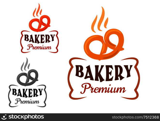 Premium bakery emblem with fresh baked soft pretzel, supplemented by figured frame. Isolated signs on white background. Bakery emblems with fresh pretzel