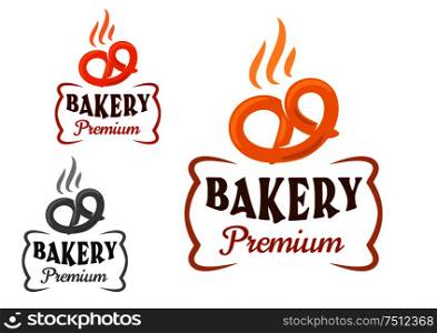 Premium bakery emblem with fresh baked soft pretzel, supplemented by figured frame. Isolated signs on white background. Bakery emblems with fresh pretzel