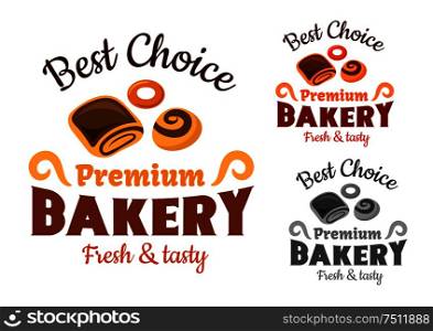 Premium bakery emblems or sign with cinnamon roll, bagel and sweet bun with chocolate for pastry or bakery shop icon. Bakery emblems with buns and bagel