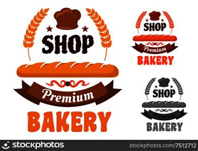 Premium bakery or pastry shop icon with french baguette and baker hat, framed by wheat with stars and ribbon banner . Bakery or pastry shop icon with baguette