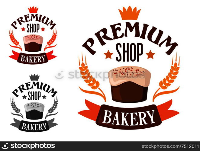 Premium bakery shop symbol or emblem of cake with royal icing and sprinkles encircled by headers with stars, crown, wheat ears and ribbon banner. Premium bakery shop symbol with cake