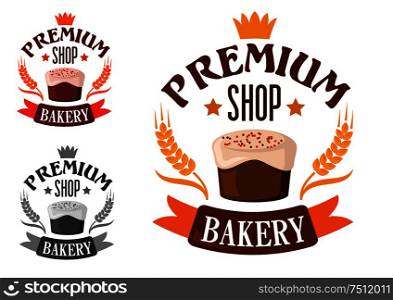 Premium bakery shop symbol or emblem of cake with royal icing and sprinkles encircled by headers with stars, crown, wheat ears and ribbon banner. Premium bakery shop symbol with cake