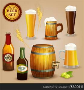 Premium beer foam head glasses and wooden mug and barrel icons composition advertisement poster abstract vector illustration. Beer icons composition set poster