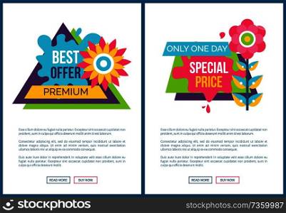Premium best offer advertisement stickers set abstract springtime flower promo label shopping spring sticker blooming bud isolated online poster push button. Premium Best Offer Advertisement Stickers Set