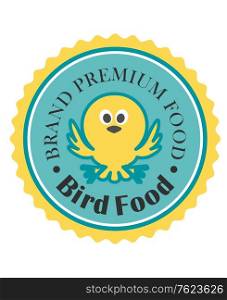 Premium bird food icon with a cute little bird fluttering its wings inside a blue and gold medallion with the text
