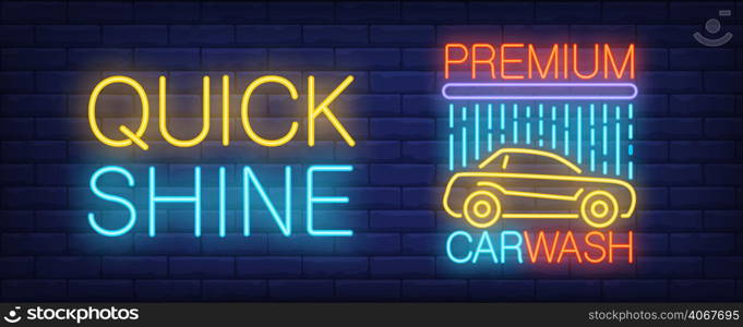 Premium car wash neon sign. Automobile under shower and bright inscription on brick wall. Vector illustration in neon style for cleaning service company