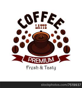 Premium coffee cartoon badge with cup of latte with steamed milk and cacao powder, encircled by coffee beans and red ribbon banner. Cafe and restaurant menu design. Premium coffee badge with cup of latte