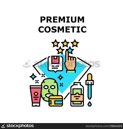 Premium Cosmetic Vector Icon Concept. Facial Mask And Natural Cream, Aromatic Perfume And Essential Oil Premium Cosmetic, Buying Cosmetology Product And Feedback Color Illustration. Premium Cosmetic Vector Concept Color Illustration