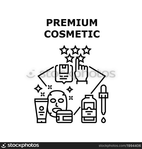 Premium Cosmetic Vector Icon Concept. Facial Mask And Natural Cream, Aromatic Perfume And Essential Oil Premium Cosmetic, Buying Cosmetology Product And Feedback Black Illustration. Premium Cosmetic Vector Concept Black Illustration