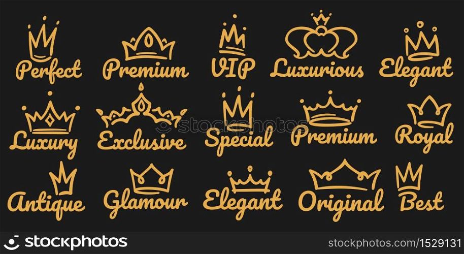 Premium crown logo. Sketch golden luxurious and exclusive, special and glamour diadems. Crowns with different decoration for vip or royal person logotype. Queen, king accessory vector illustration. Premium crown logo. Sketch golden luxurious and exclusive, special and glamour diadems. Crowns for vip person