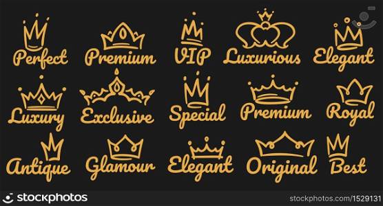 Premium crown logo. Sketch golden luxurious and exclusive, special and glamour diadems. Crowns with different decoration for vip or royal person logotype. Queen, king accessory vector illustration. Premium crown logo. Sketch golden luxurious and exclusive, special and glamour diadems. Crowns for vip person