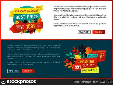 Premium discount best price posters set with banners and text. Autumn leaves decoration only one day exclusive products quality goods offer vector. Premium Discount Best Price Vector Illustration