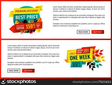 Premium discount best prices posters set. Autumnal special offer and sale. Promotion quality products natural goods big deal one week only vector. Premium Discount Best Price Vector Illustration