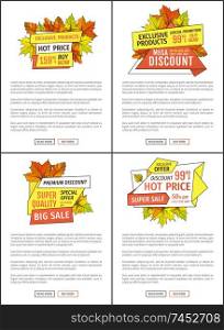 Premium exclusive offer buy now posters set with oak leaves. Vector autumn sale banner, yellow foliage. Best choice special promo discount on Thanksgiving day. Premium Exclusive Offer Web Posters Set Oak Leaves