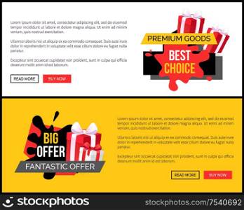 Premium goods and best choice blots on tags, vector web site templates. Presents decorated by tapes and bows. Sellout and special shop offer, price off. Premium Goods and Best Choice Blots on Tags Vector