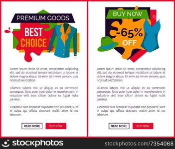 Premium goods best product promo emblems, jacket and buy now swimwear. Exclusive clothes with low price. Big choice of luxurious stickers vector webpages set. Premium Goods Best Choice Promo Emblem with Jacket