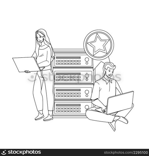 Premium Hosting Using Man And Woman Users Black Line Pencil Drawing Vector. Boy And Girl Use Laptop And Connected To Server Premium Hosting. Characters Connectivity Cyberspace Technology Illustration. Premium Hosting Using Man And Woman Users Vector