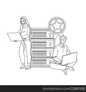 Premium Hosting Using Man And Woman Users Black Line Pencil Drawing Vector. Boy And Girl Use Laptop And Connected To Server Premium Hosting. Characters Connectivity Cyberspace Technology Illustration. Premium Hosting Using Man And Woman Users Vector