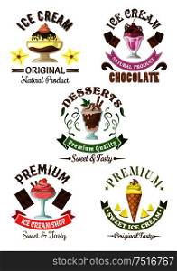Premium ice cream desserts emblems with enjoyable pineapple soft serve cone and chocolate, vanilla and cherry, strawberry sundae ice cream desserts, decorated by fresh fruits, mint leaves and colorful ribbon banners. Premium ice cream desserts emblems