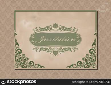 premium invitation or wedding card in vintage decorative golden frame with beautiful filigree and retro border on ancient background, luxury postcard, ornament vector
