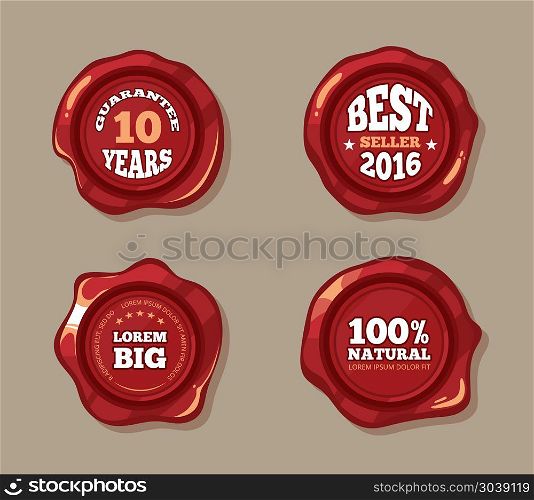 Premium labels on wax seal stamps vector illustration. Premium labels on wax seal stamps vector illustration. Vintage badge in red color