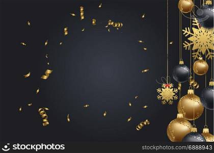 Premium luxury background for holiday greeting card. Golden decoration ornament with Christmas ball. Gold calligraphy lettering