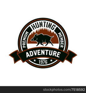 Premium member of hunting club badge design with brown and green round symbol with running wild boar against forest skyline, supplemented ribbon banner with caption Adventure. Hunting club badge with wild boar and forest