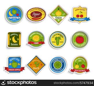 Premium olive oil organic tomato onion cucumber and eco fruits stickers collection color abstract isolated vector illustration