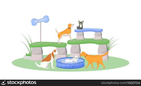 Premium pet resort flat color vector character. Puppy swim in pool. Domestic pets play in day care. Pet sitting service. Dogs isolated cartoon illustration for web graphic design and animation. Premium pet resort flat color vector character