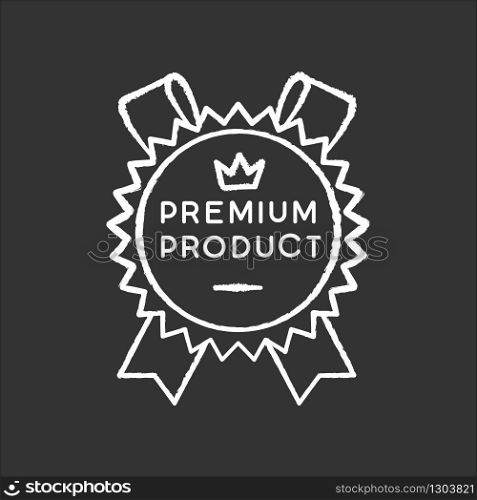 Premium product chalk white icon on black background. Top class product and service, brand equity. Royal class, best, superior goods badge with crown isolated vector chalkboard illustration