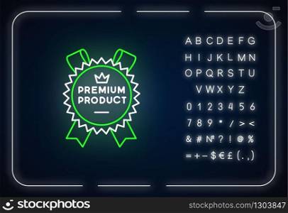 Premium product neon light icon. Outer glowing effect. Sign with alphabet, numbers and symbols. Royal class, best, superior goods badge with crown vector isolated RGB color illustration