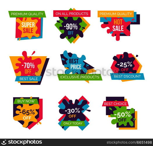 Premium quality -90% off, exclusive products and best discounts, set of colorful labels with headlines on vector illustration isolated on white. Premium Quality -90% Off on Vector Illustration