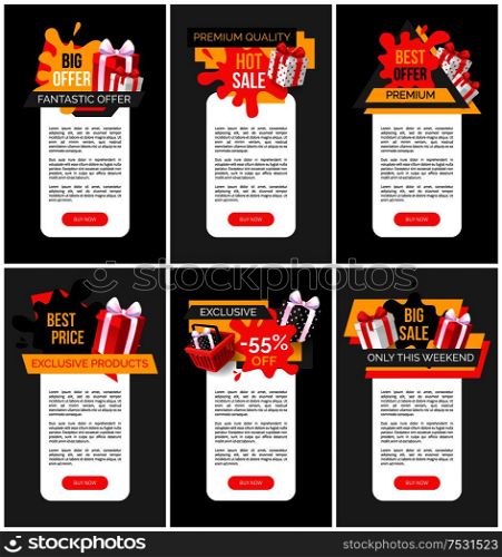 Premium quality and fantastic offer exclusive banners vector. Web of shops with discounts and price reductions. Basket with presents and gifts boxes. Premium Quality, Fantastic Offer Exclusive Banners