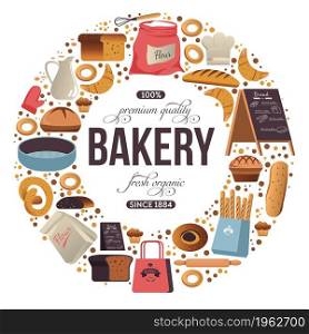 Premium quality bakery shop with natural and organic meal. Handmade products of flour, pastry and confectionery. Loaf of bread and croissant, cookies and organic snacks. Vector in flat style. Bakery shop, food of premium quality in store