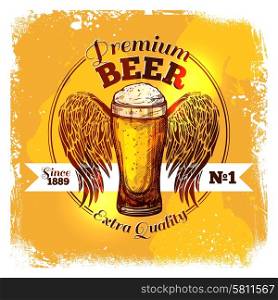 Premium quality beer label with sketch glass of drink with ornament vector illustration. Beer Sketch Label