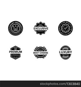 Premium quality black glyph icons set on white space. Luxury products, service guarantee silhouette symbols. Brand equity assurance. Best choice, exclusive goods badges vector isolated illustrations